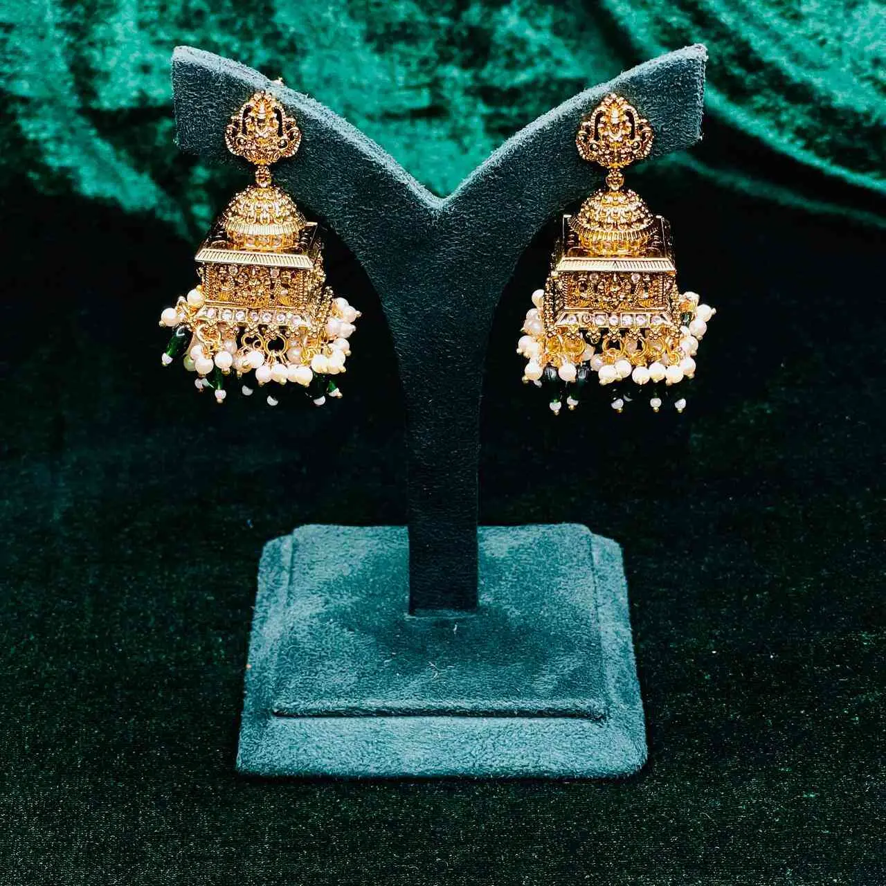 SAJH312 TEMPLE DESIGN GREEN & WHITE COLOUR PEARLS HANGING JHUMKA