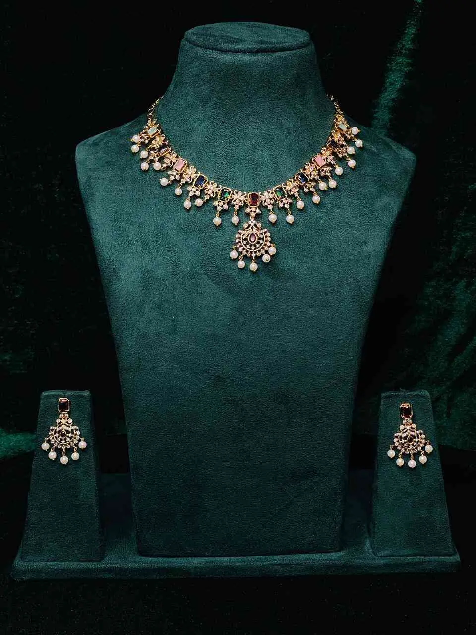 SASC113  MULTISTONE AD NECKLACE SET WITH EARRINGS