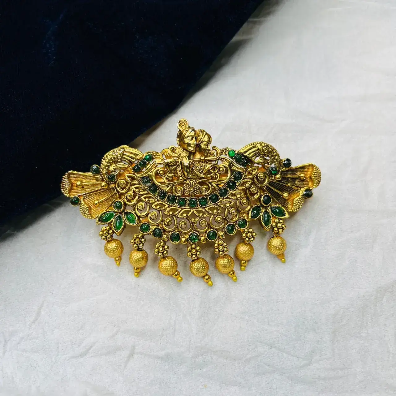 SAHC201 ANTIQUE GOLD GREEN KEMP STONE KRISHNA RADHA HAIR CLIP