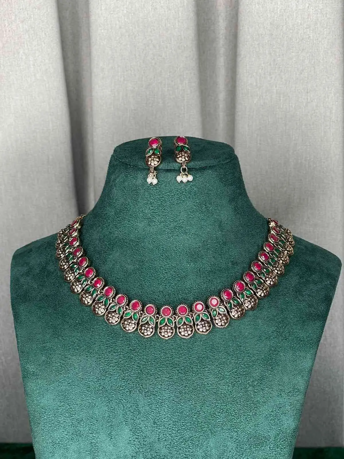 SACK919 OXIDISED MULTI COLOR AD STONE NECKLACE WITH EARRING