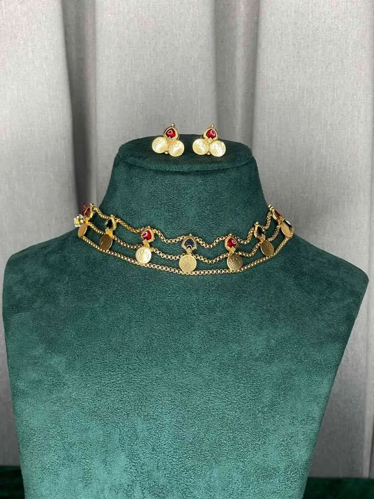 SACK927 3 LAYER  LEKSHMI COIN NECKLACE WITH EARRINGS (MULTI)