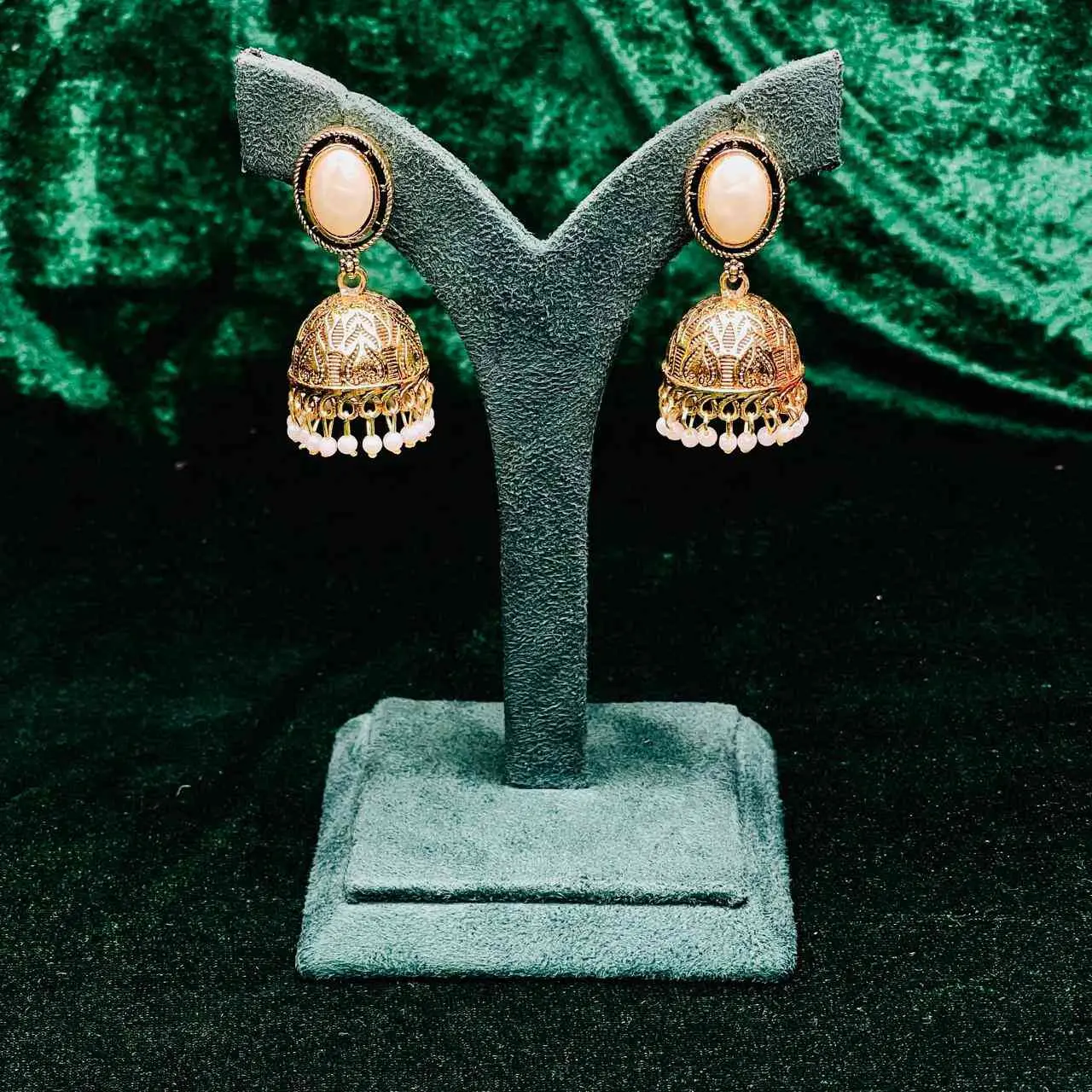 SAJH 325 PEARL WHITE STONE JHUMKA