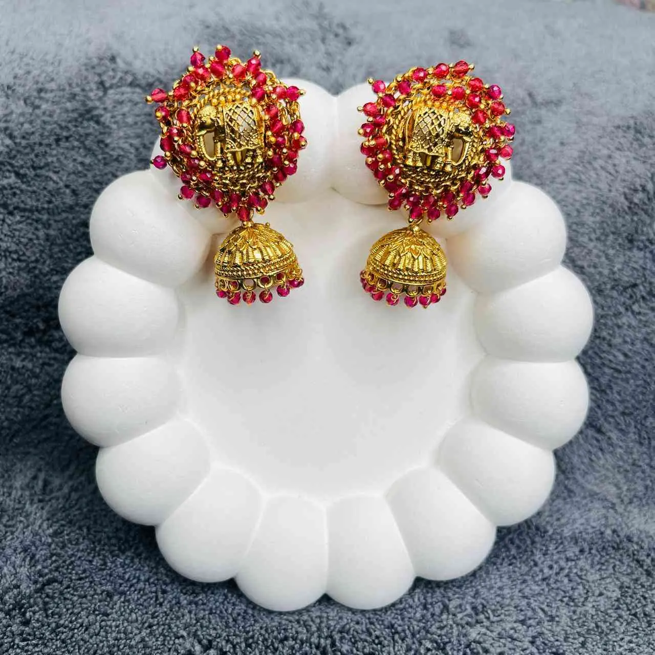 SAJH321 GOLD PLATED  ELEPHANT MOTIF RUBY GUNGHROO JHUMKA 
