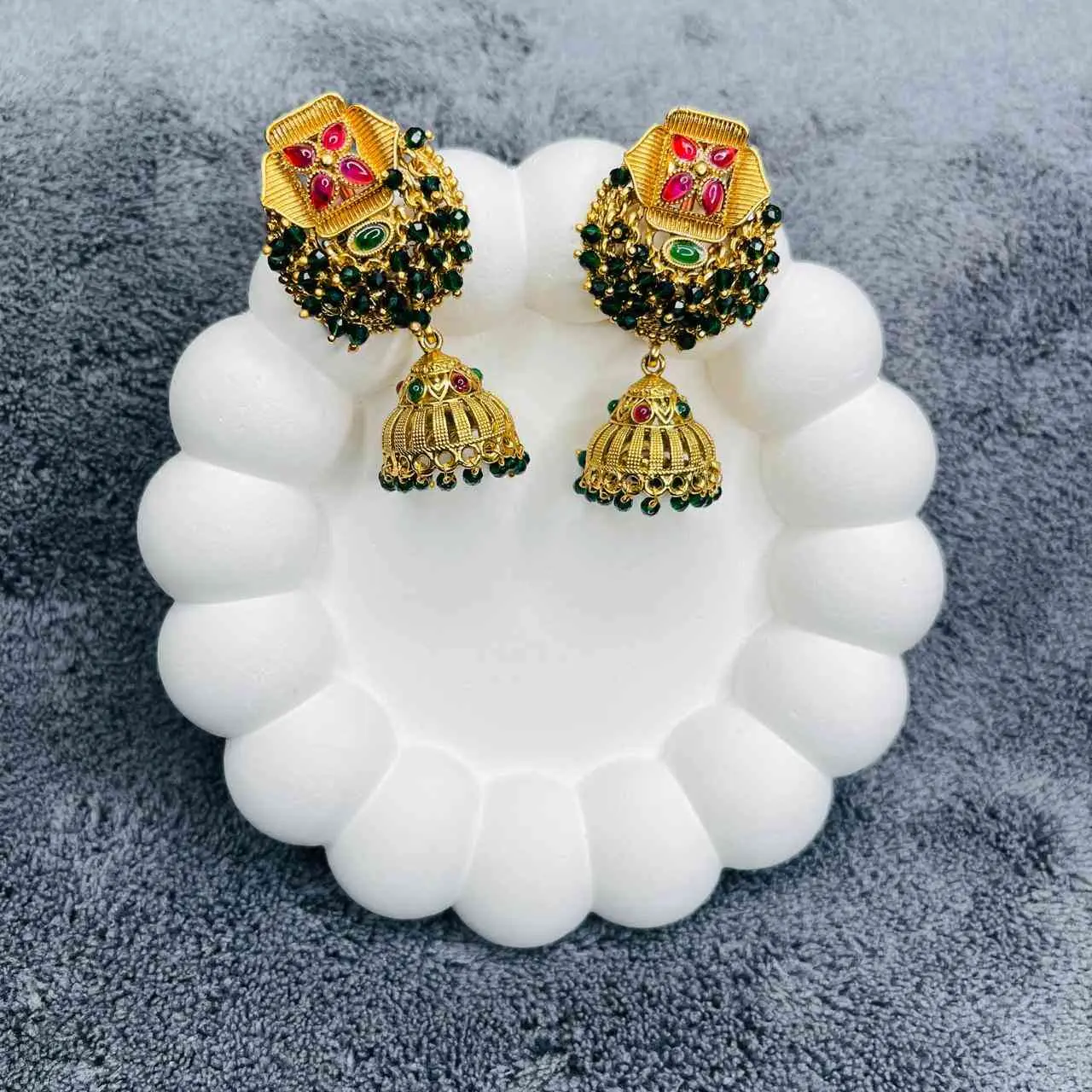 SAJH316 GOLD PLATED MULTI-STONE GUNGHROO JHUMKA (RUBY)