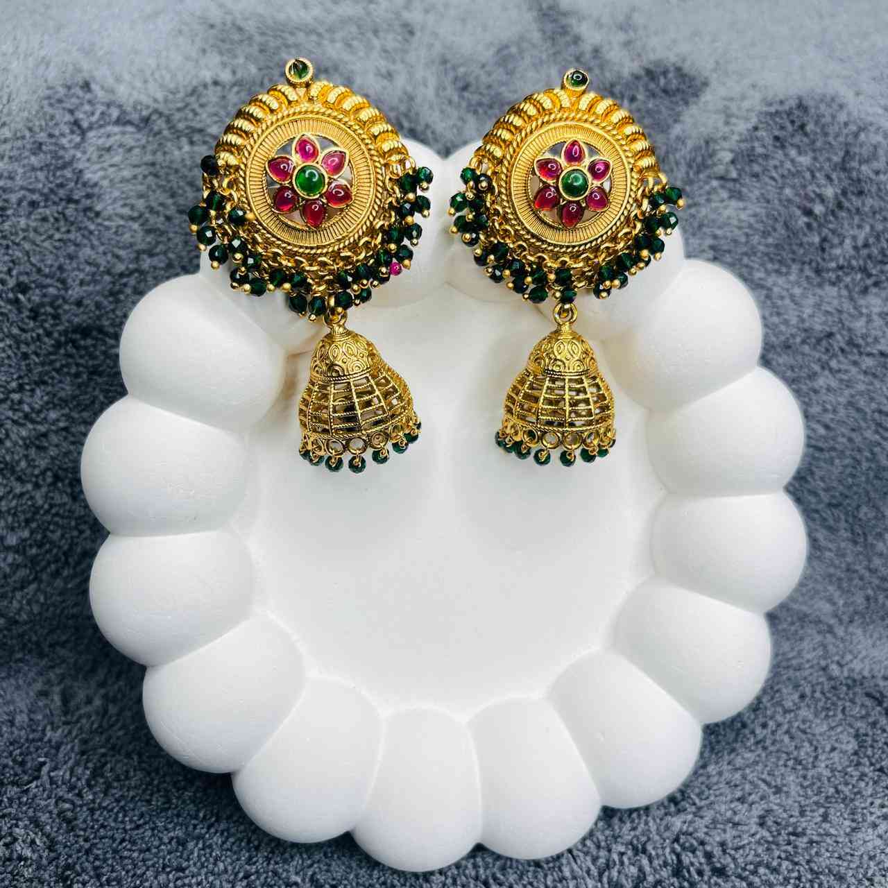 SAJH317 GOLD PLATED KEMP STONE GUNGHROO JHUMKA (GREEN)