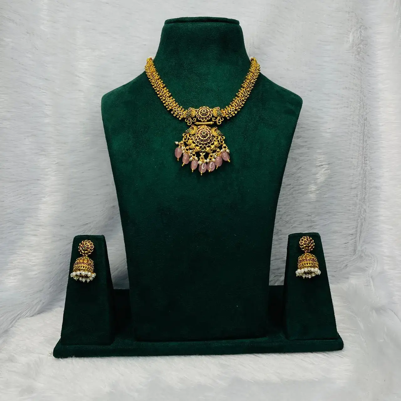 SACK942  MULTISTONE &PEARLS HANGING NECKLACE WITH JHUMKA